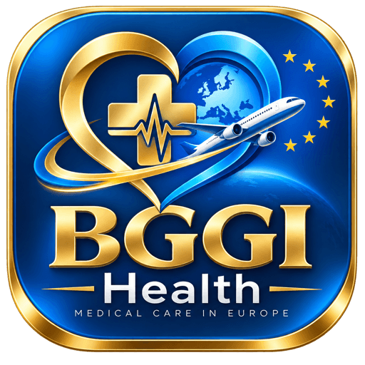 Quadratisches App-Zeichen von BGGI Health: goldenes Herz mit medizinischem Kreuz, Flugzeug, Europakarte und EU-Sternenkranz auf blauem Grund