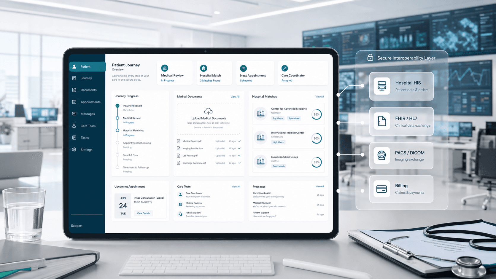 Digitales BGGI Health Dashboard mit Patientenreise, Dokumenten-Upload und Krankenhaus-Integrationen