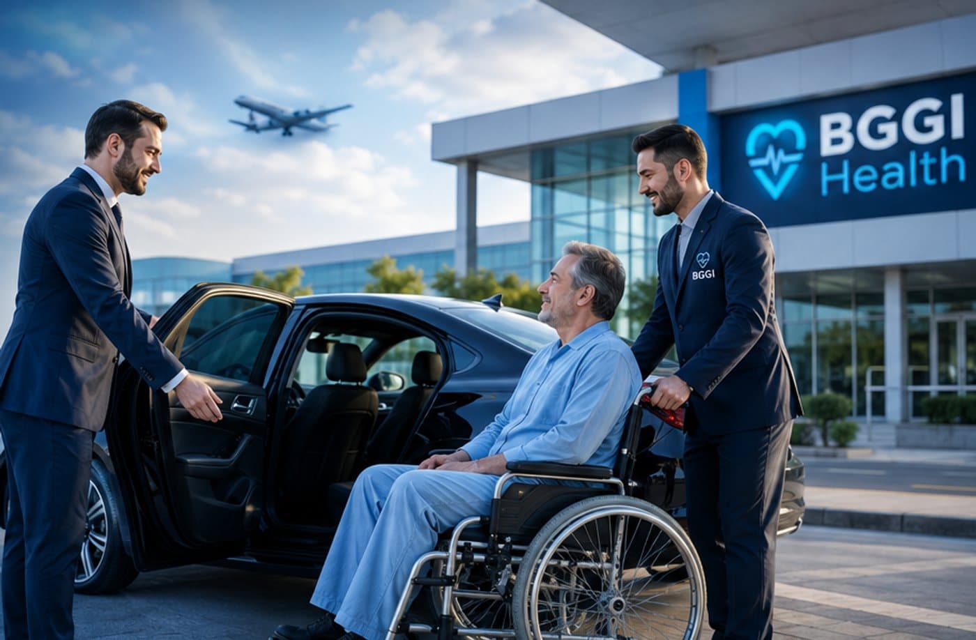 Zwei Mitarbeiter in Anzügen empfangen einen Patienten im Rollstuhl vor einem Klinikgebäude an einer geöffneten Fahrzeugtür; am Himmel ein startendes Flugzeug