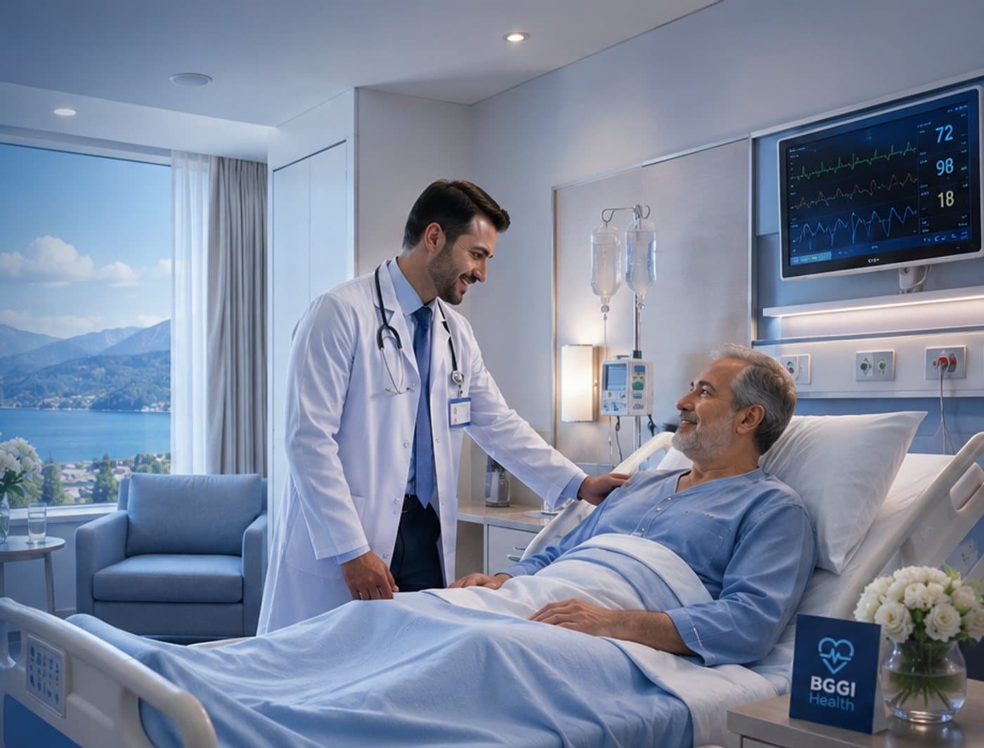 Ärztin oder Arzt im Gespräch mit einem Patienten am Krankenbett in einem hellen Klinikzimmer mit Blick auf See und Berge; im Hintergrund ein Überwachungsmonitor