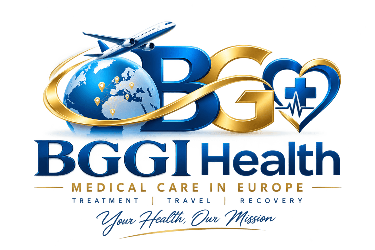 Wortmarke BGGI Health in Blau und Gold mit Weltkugel, Flugzeug und Herz-Puls-Symbol, darunter der Zusatz „Medical Care in Europe“