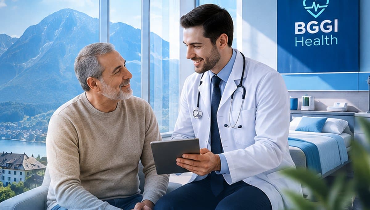 Arzt zeigt einem Patienten Befunde auf einem Tablet; beide sitzen in einem hellen Beratungsraum mit Fensterblick auf eine Berglandschaft